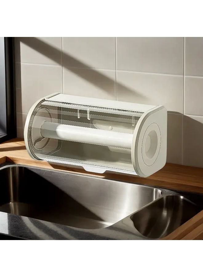 حامل مناشف ورقية أبيض مثبت على الحائط مع غطاء شفاف صندوق تخزين متعدد الأقسام منظم لتوفير المساحة - Image 4